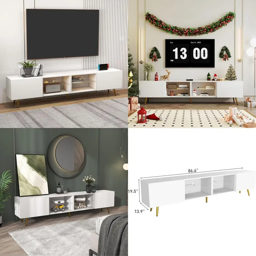 مركز ترفيهي حديث لأجهزة التلفاز مقاس 75-85 بوصة، وحامل تلفزيون LED مع خزائن تخزين، وطاولة وحدة تحكم تلفزيون لغرفة المعيشة