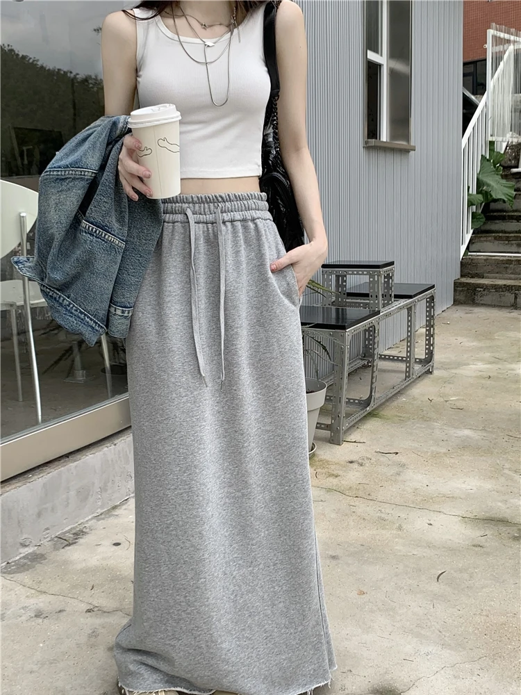 

ay High Waist Dstring Elastic Waist Casual Straight A-Line Midi Skirt Women's Summer Slimming Skirts Korean Sle