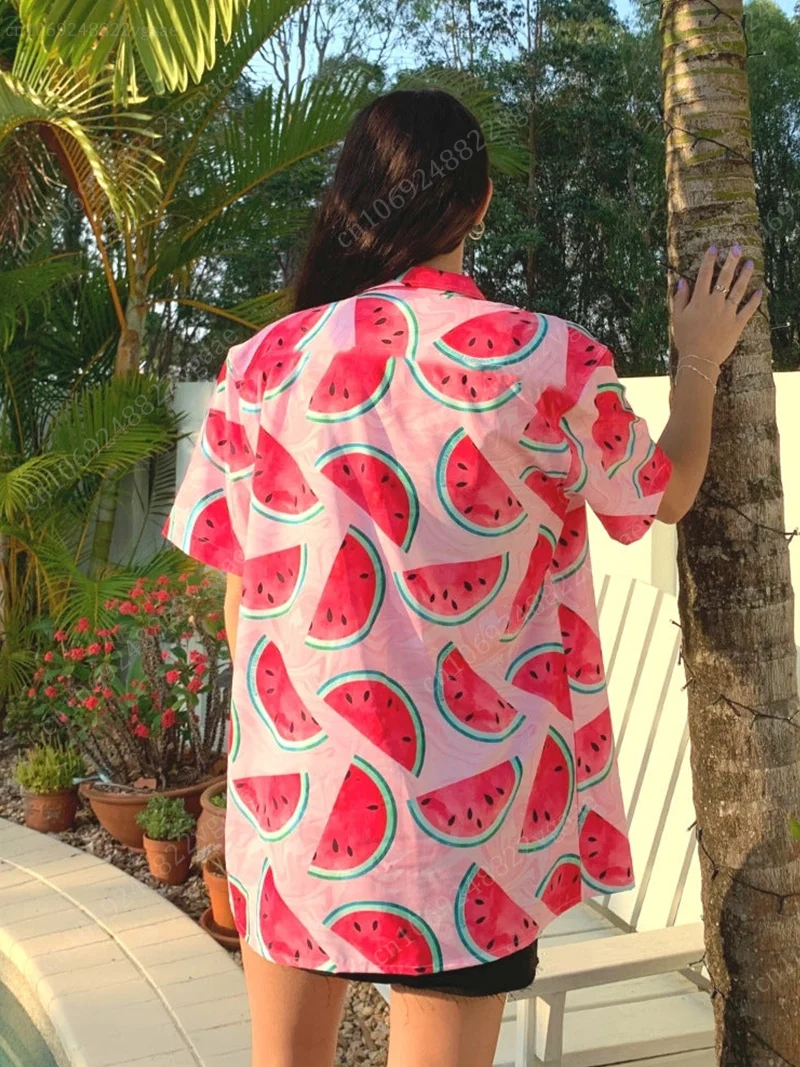 Summer Women Hawaiian Shirt Watermelon Print Ladies Tropical Luau  Aloha Blouse Top Vacation Clothes Tropical Button Up Shirt