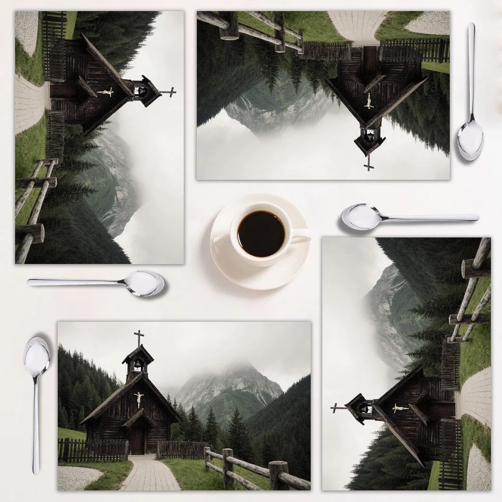 

Набор из 4 прямоугольных салфеток, винтажный дизайн лесной церкви, легко чистится, идеально подходит для домашнего декора и праздничной столовой.