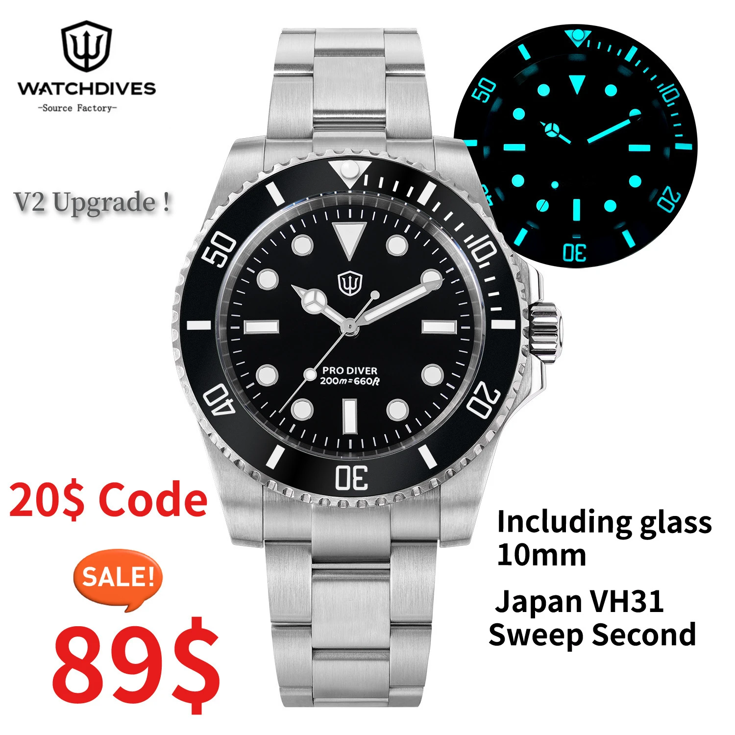 Watchdives WD1680Q V2 200M ساعة الغوص الاجتياح الثاني VH31 حركة الياقوت كريستال السيراميك الحافة BGW9 Lume سوار الصلب #1