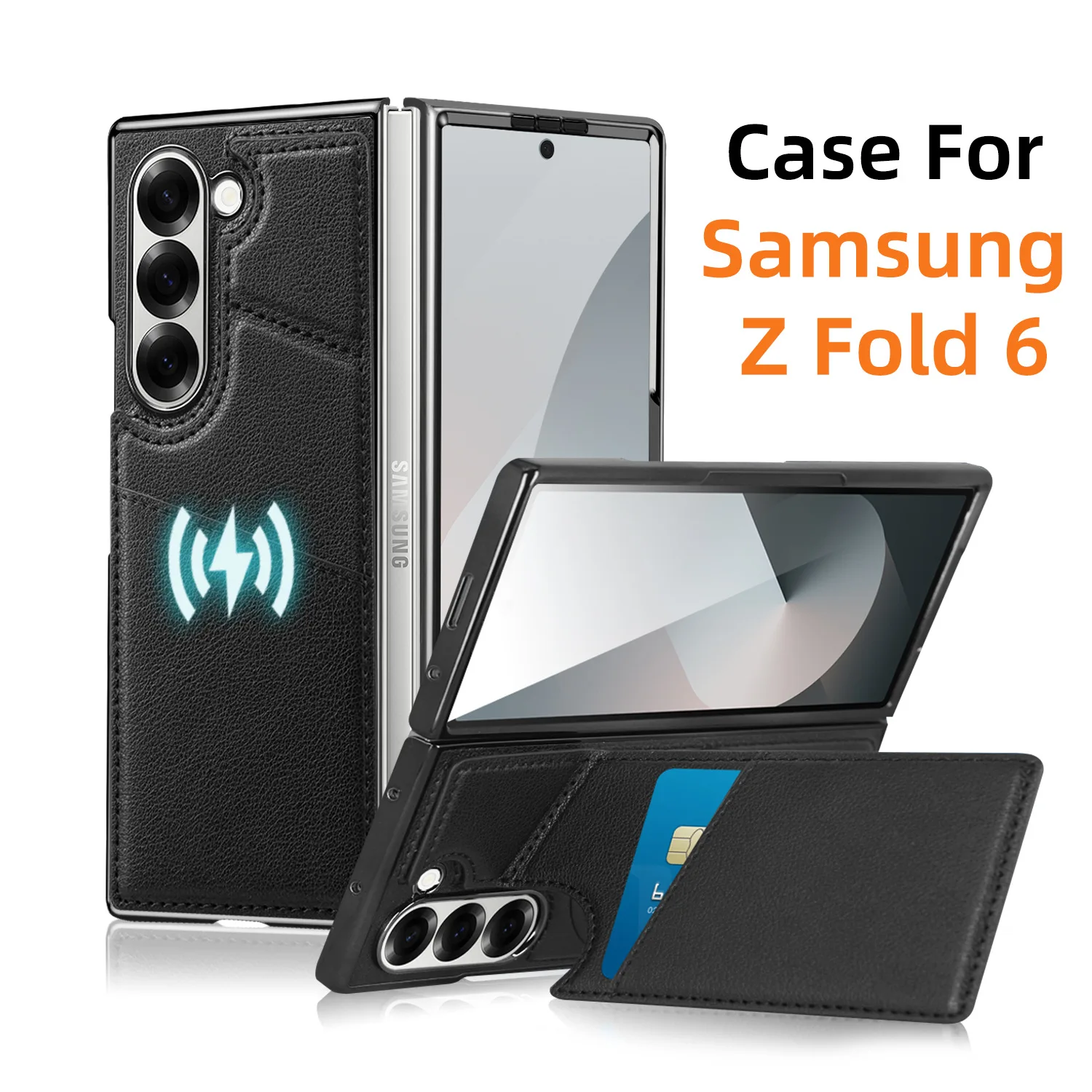 

Гальванический чехол для мобильного телефона с беспроводной зарядкой и защитой от падения для Samsung Galaxy Z Fold 6 5 4 3 2, держатель для карт, кожаный чехол