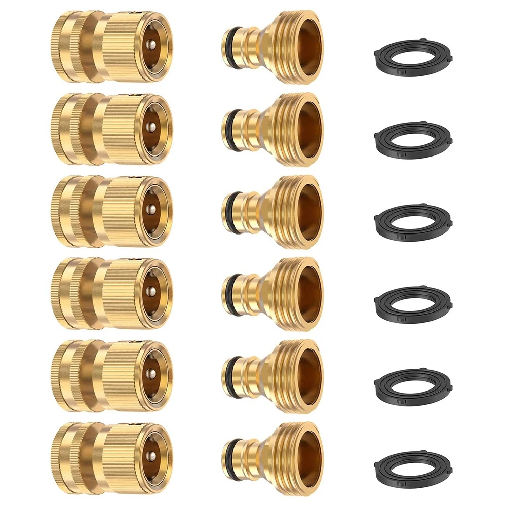 Garden Hose Quick Connector Solid Brass,3/4 Inch GHT Thread Fitting No-Leak Water Hose Female and Male Adapter (6 Sets)