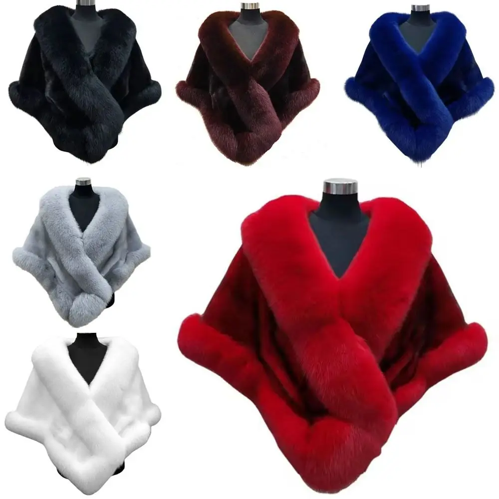 Women Winter Warm Plush Shawl Thicken Bridal Faux Fur Collar Shawl Coat Cloak Outer