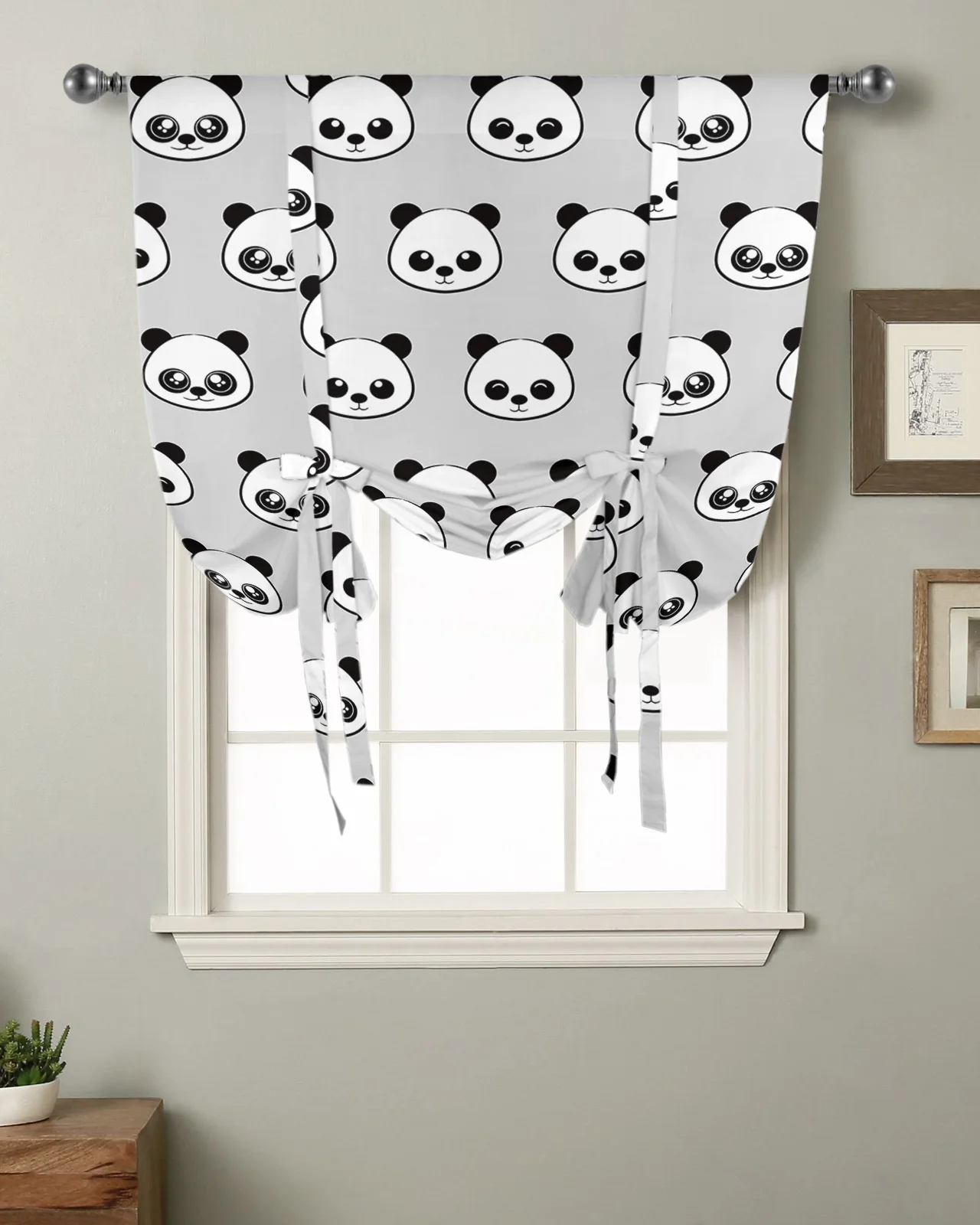 Cartoon Kawaii Panda Kitchen Short Window Curtain Rod Pocket Curtains Home Decor Bedroom Small Window Roman Tie Up Curtains