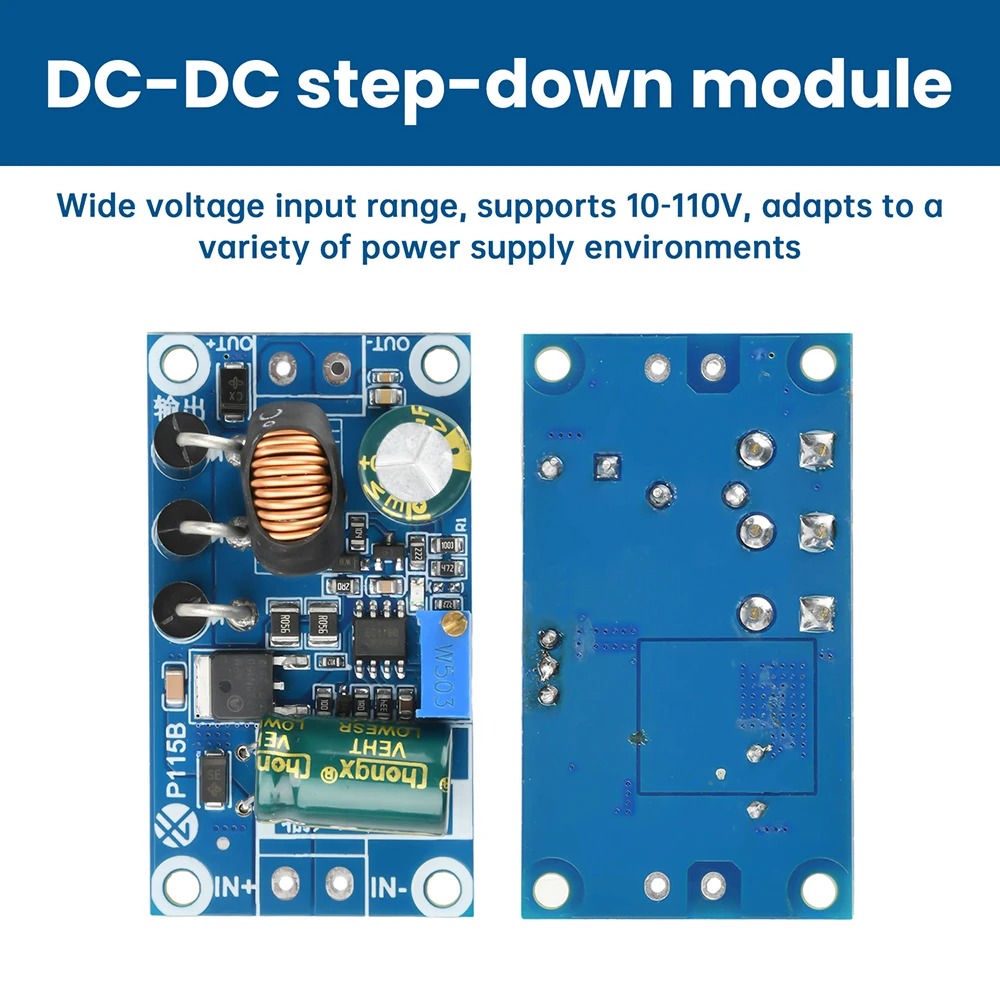 Moduł obniżający napięcie DC 10V-110V do DC 4.5-47V z zabezpieczeniem, niskim tętnieniem, wysoką precyzją i regulowanym napięciem wyjściowym.