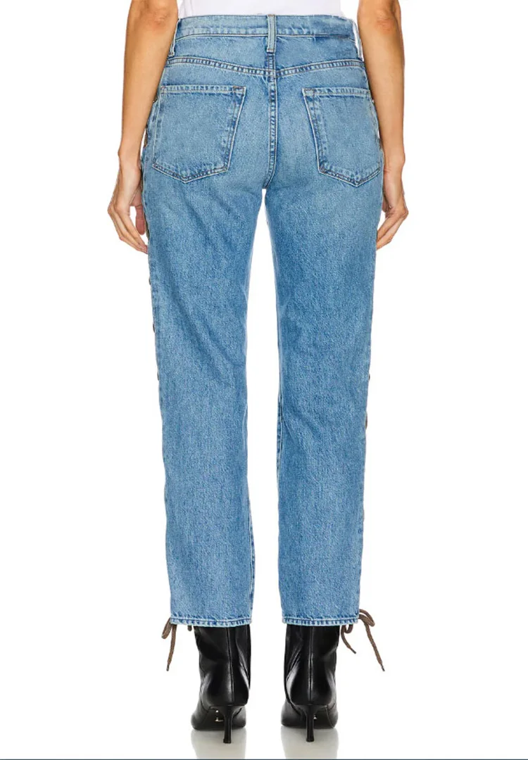 Modieuze, lichtblauwe, casual damesjeans met veters en lage stretch, slim-fit negenpunts rechte jeans