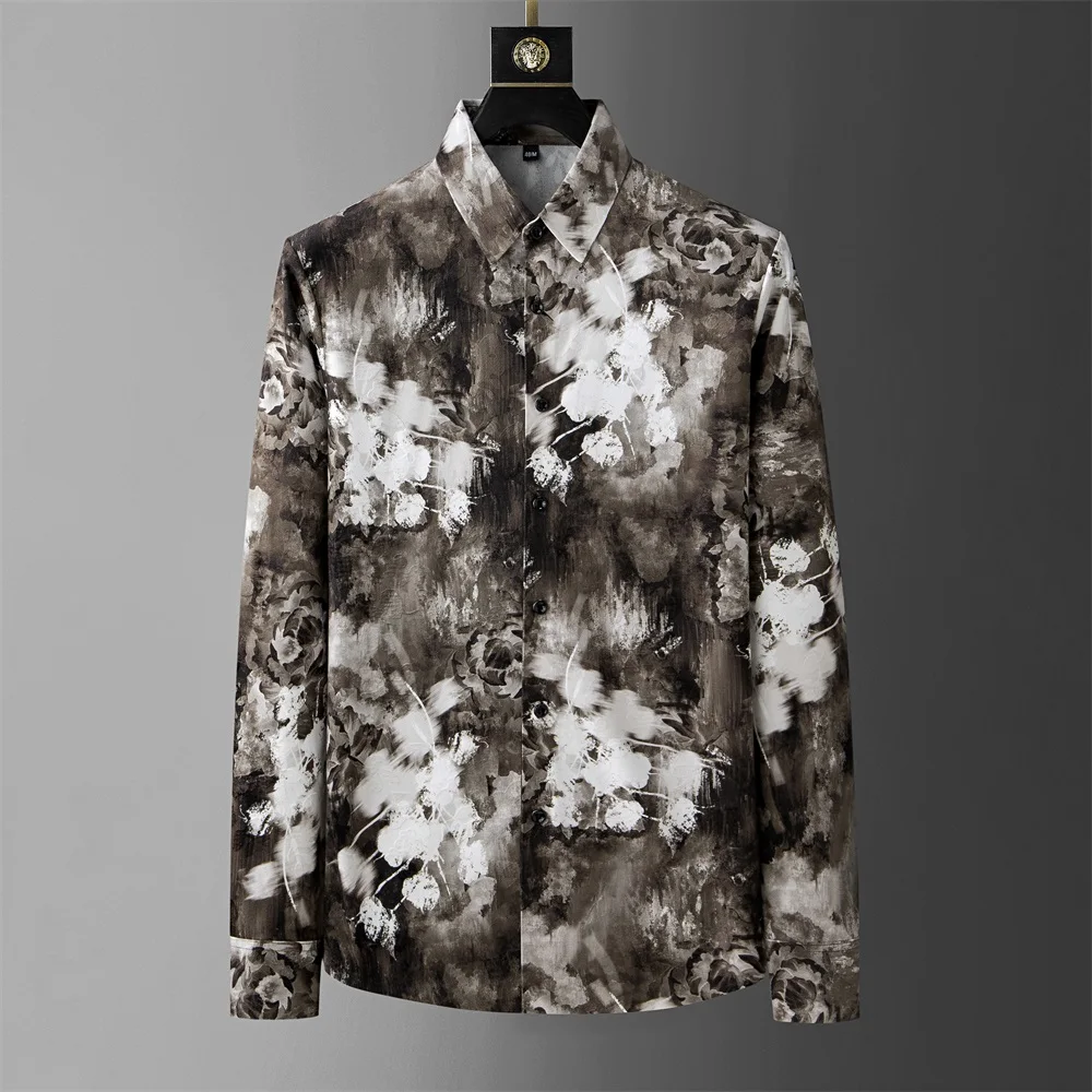 Chinese Style Ink Wash Jacquard Shirt for Men Fashion Loose Casual Business Shirts Social Streetwear Party Tops Men Clothing