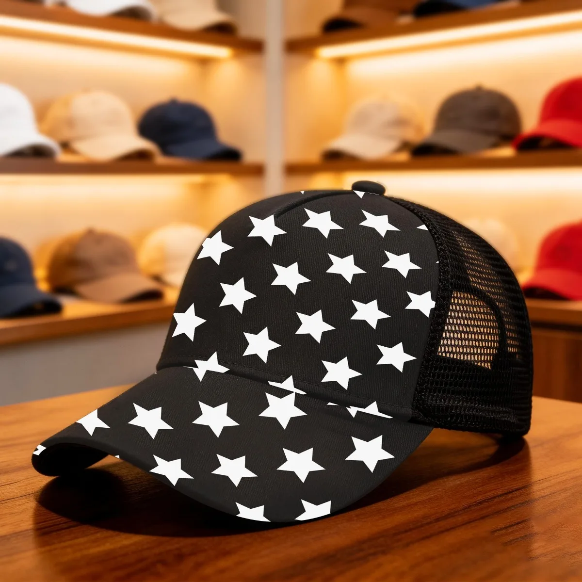 1pc White Stars Black Background Classic Baseball Cap Mesh Cap for Men Women Perfect for Daily Wear Perfect for All-Day Use