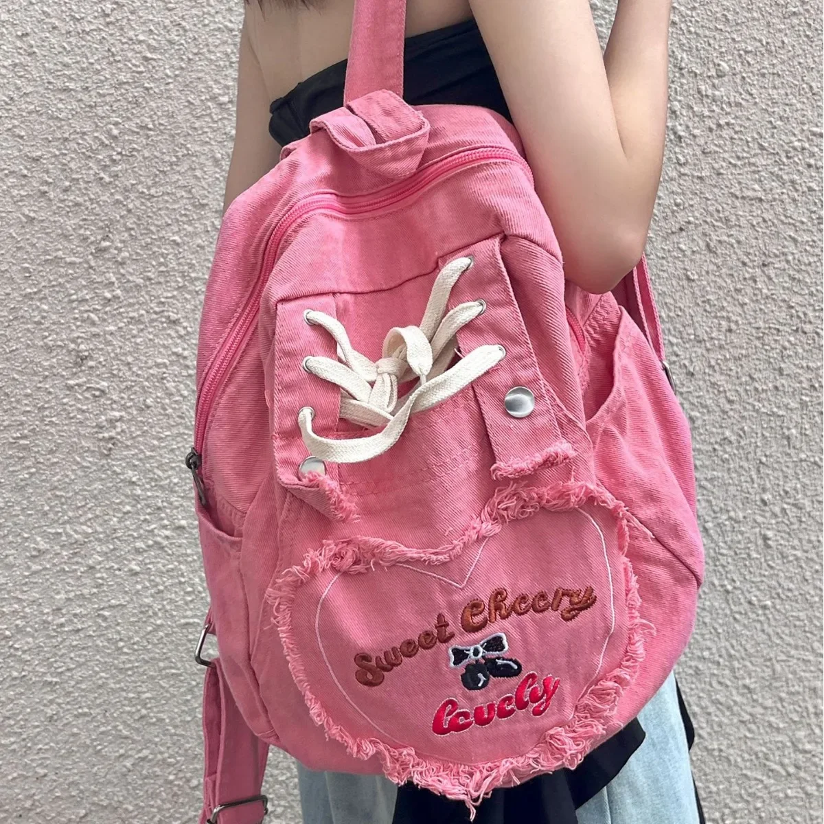 

Cute Pink Denim Women Backpacks Large capacity shoulder Bags Girls School Bags Embroidered letters daypacks Travel Jean Bagpack