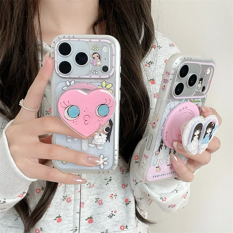 

Sweet Pastel Anime Girl Print For MagSafe Case With Heart Stand For iPhone 14 15 16 17 Pro Max INS Cute Girl Shockproof Cover