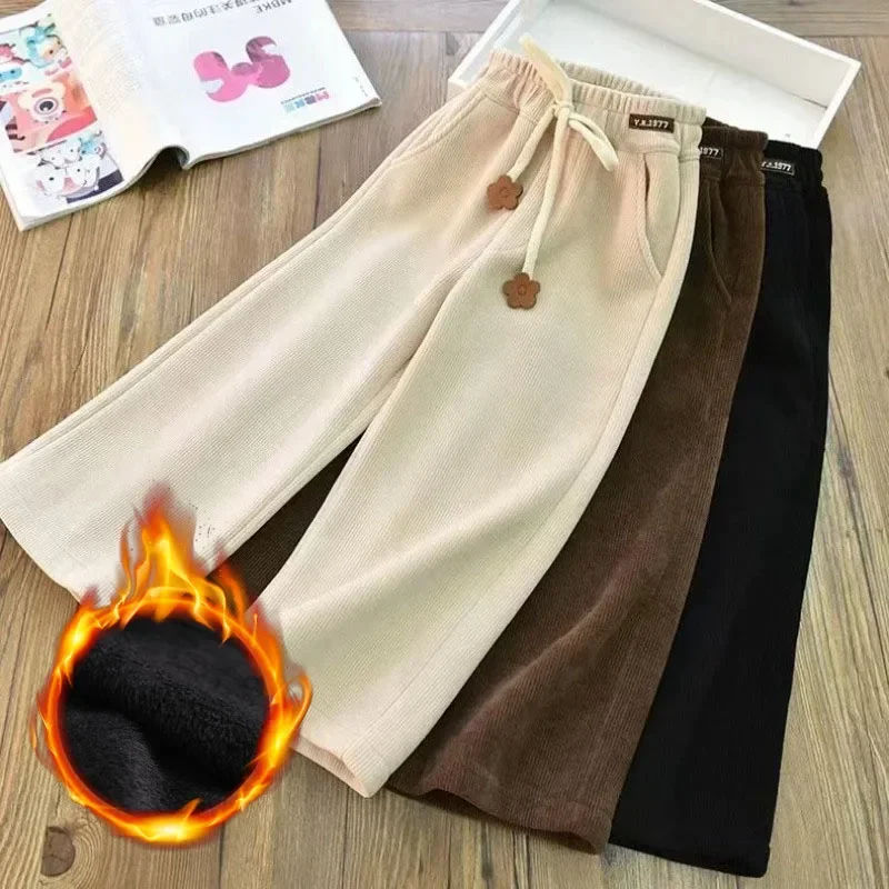 Stylish Teenage Girls Loose Corduroy Pants Solid Color Casual Warm Pants Girl Clothing Fleece Trousers Jogger Pant for Children