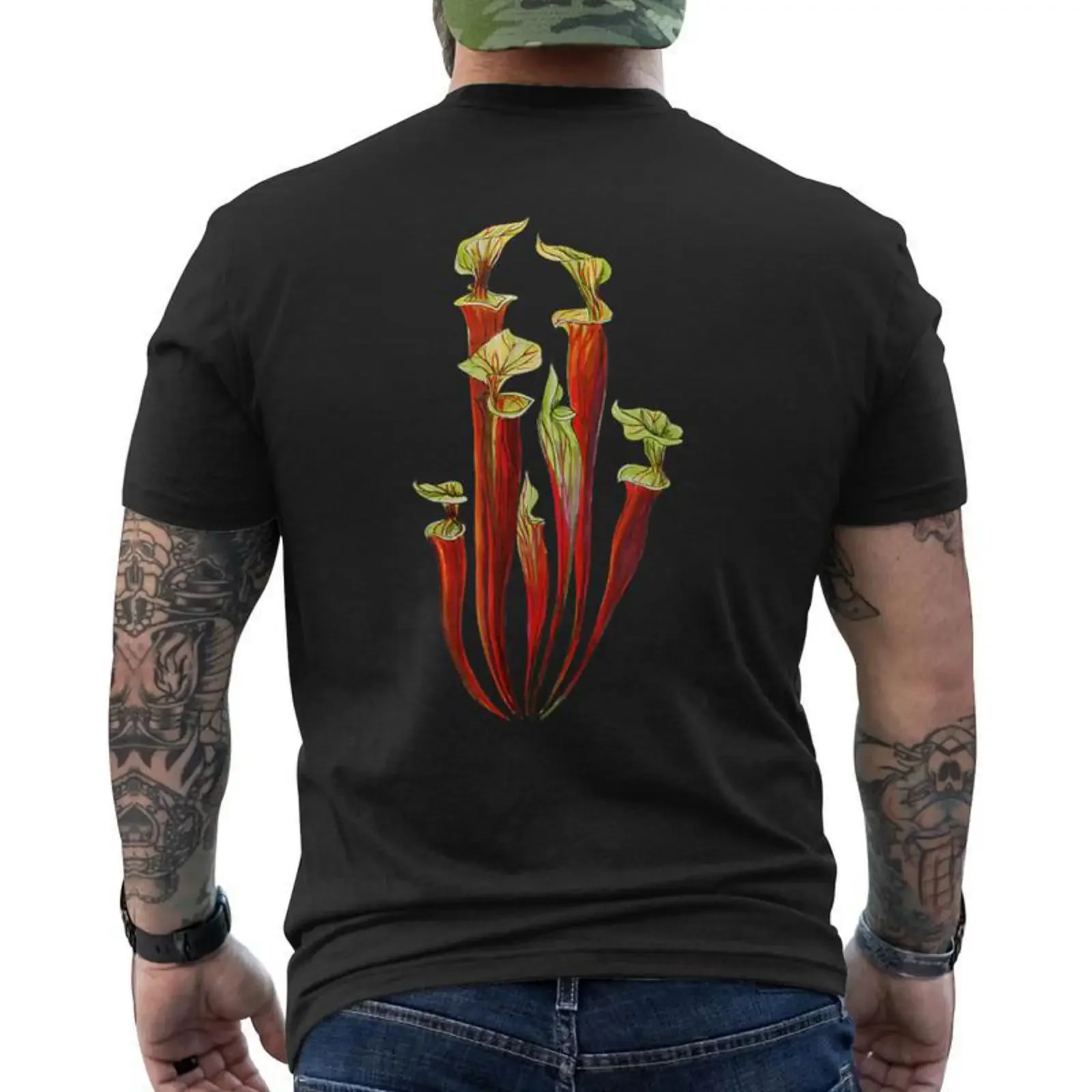 Sarracénie T-Shirt mit Aufdruck auf der Rückseite, Cadeauxyz, Vintage-Stil, gewaschen, atmungsaktiv, modisches Oberteil für den Alltag, dehnbar, lässig, Unisex