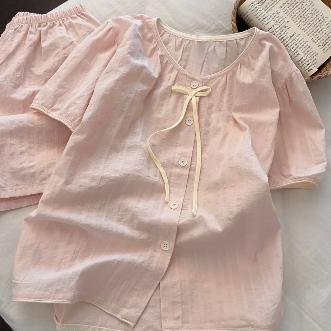 New Women's Sweet and Cute Nightwear with Bow Summer Solid Color Simple Home Clothes Set  