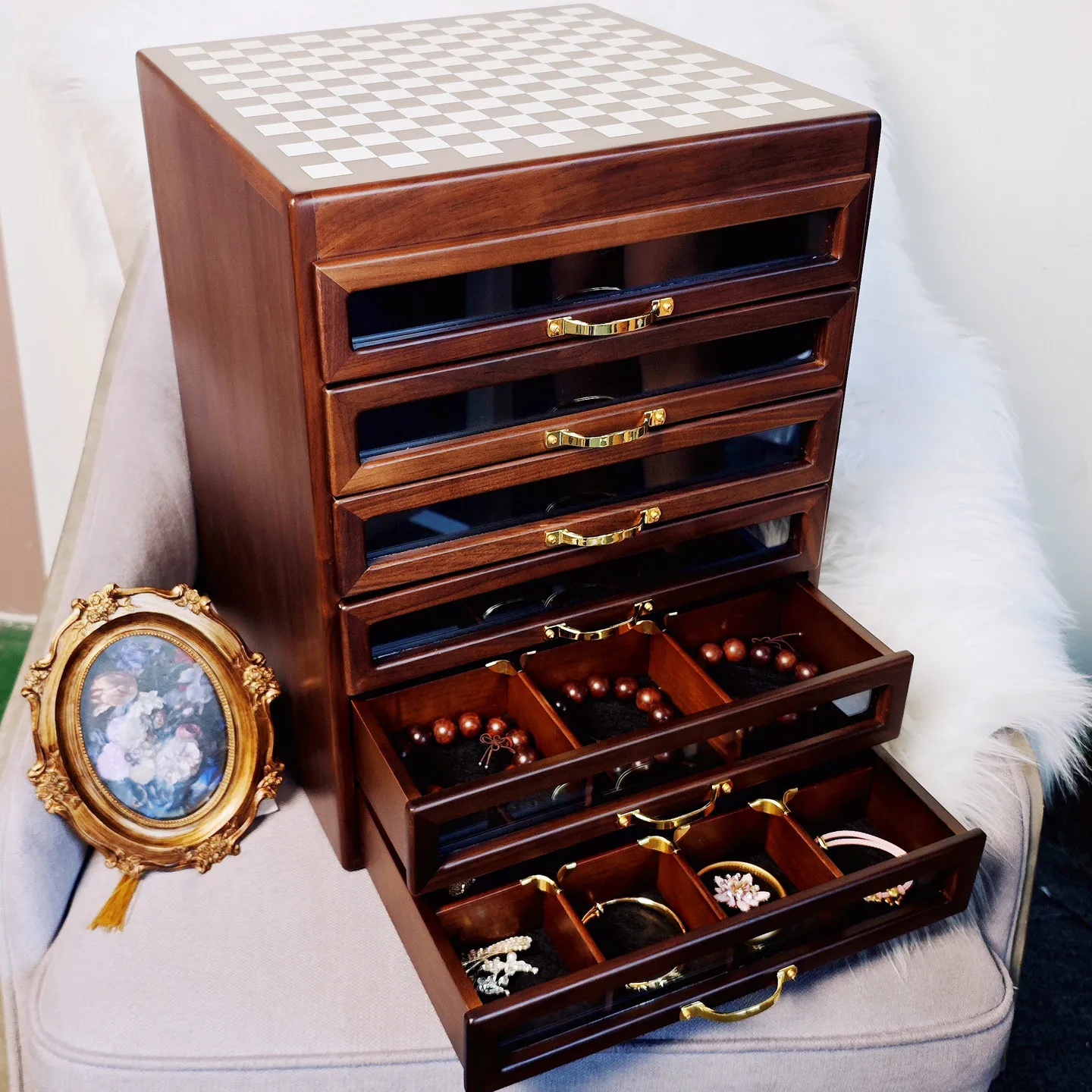 Adult high-end jewelry large-capacity six-pump jewelry box, solid wood Wenwan walnut bracelet jewelry multi-layer storage