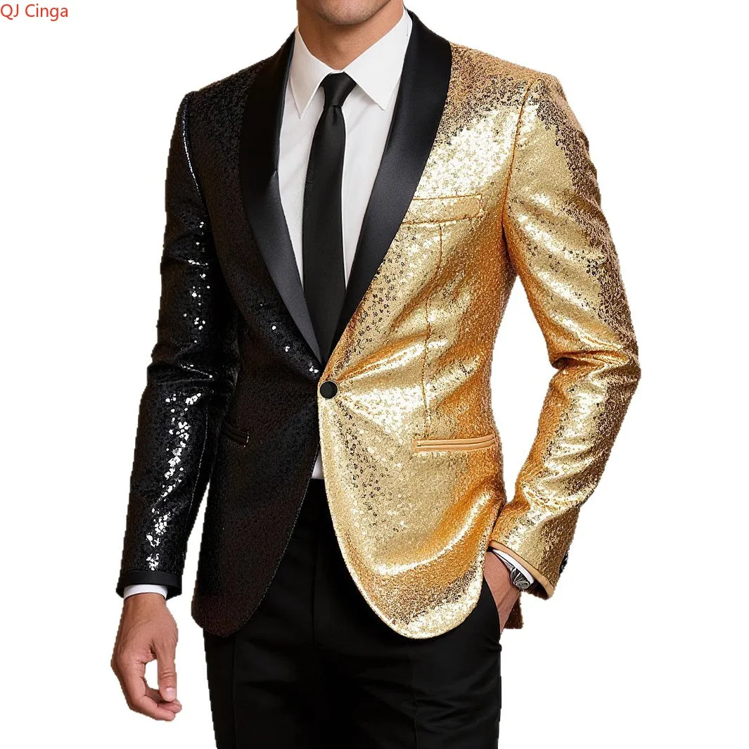 Men's Black & Gold Sequin Blazer - Stage Performance Coat, Nightclub, Host, DJ, Wedding, Party Wear‌ Jacket. European Sizes