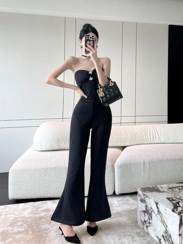 2023 New Black Elastic Diamond Tube top waist horn one-piece pants sexy high waist pants Jumpsuit