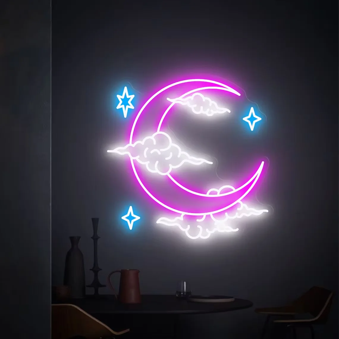 Imagem -02 - Custom Moon And Stars Neon Sign Wall Decor Luz Led Sala de Jogos Bar Quarto Atmosfera de Casamento Presentes de Arte