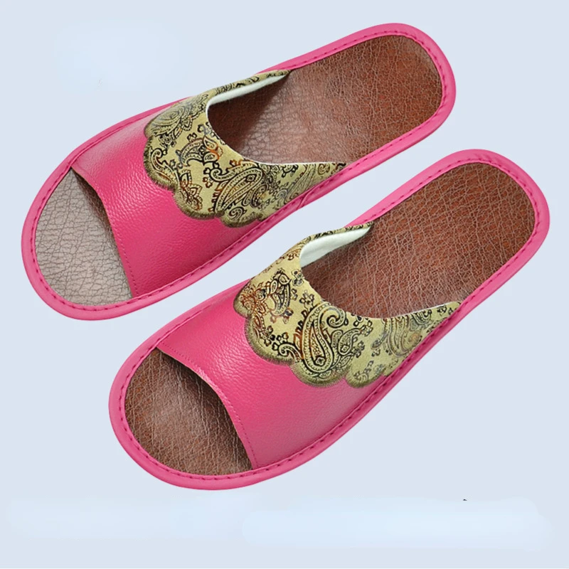 XIHAHA Embroider Slippers Leather Home Indoor House Slippers Women Luxury Soft Flats Shoes Slipper Cool Sandals Home Shoes