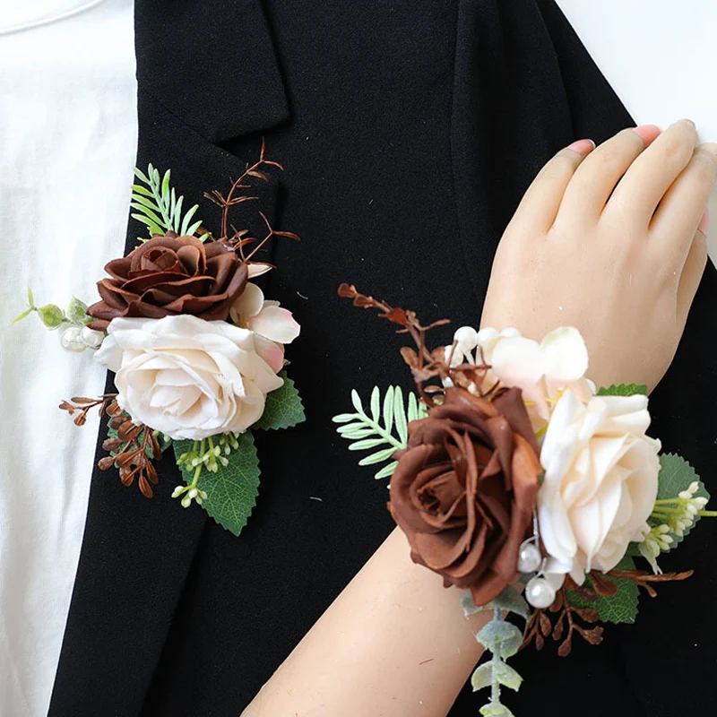 

25037 Coffee Color Bohemian Rose Flower Boutonniere and Wrist Corsage Perfect for Brides Groomsmen and Wedding Decorations