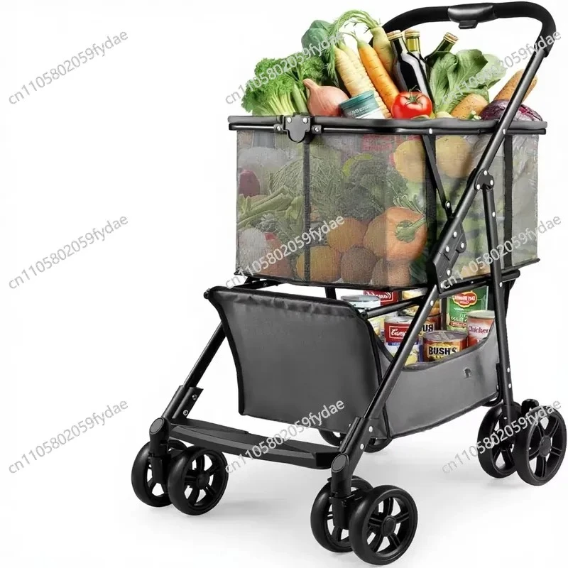 Improved folding shopping cart 80 lbs load-bearing, foldable removable basket, universal wheel, one-handed folding portable