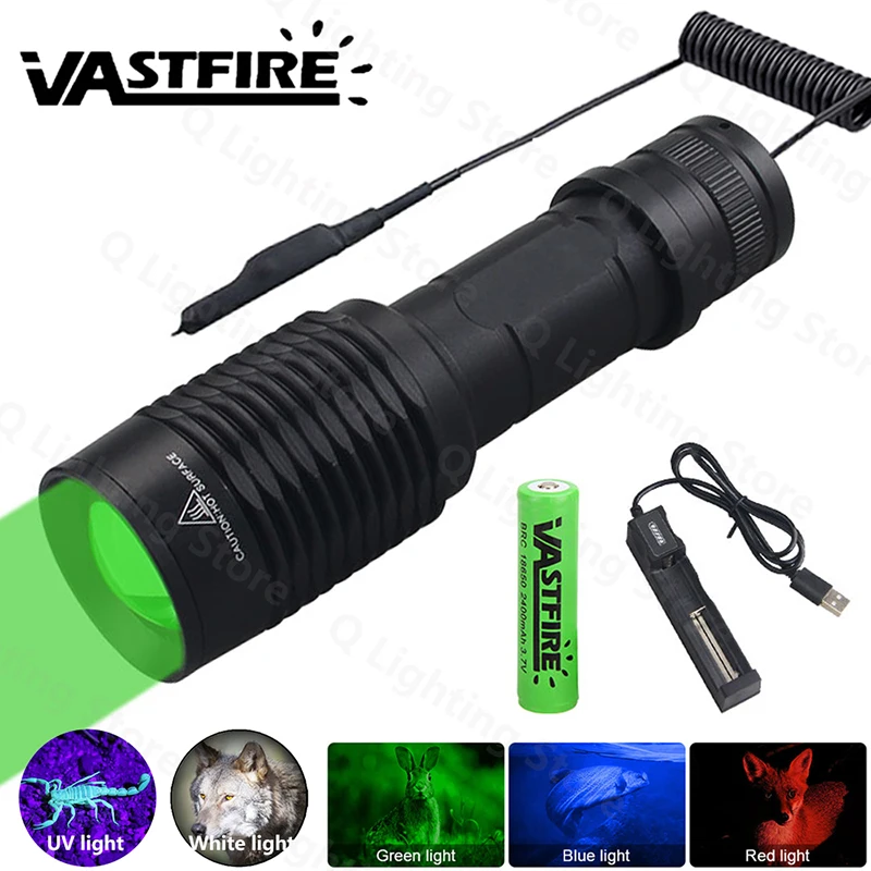 LED Tactical Hunting Flashlight Torch White/Red/Green Flashlight Waterproof Outdoor Lighting with Switch USB Rechargeable Lamp