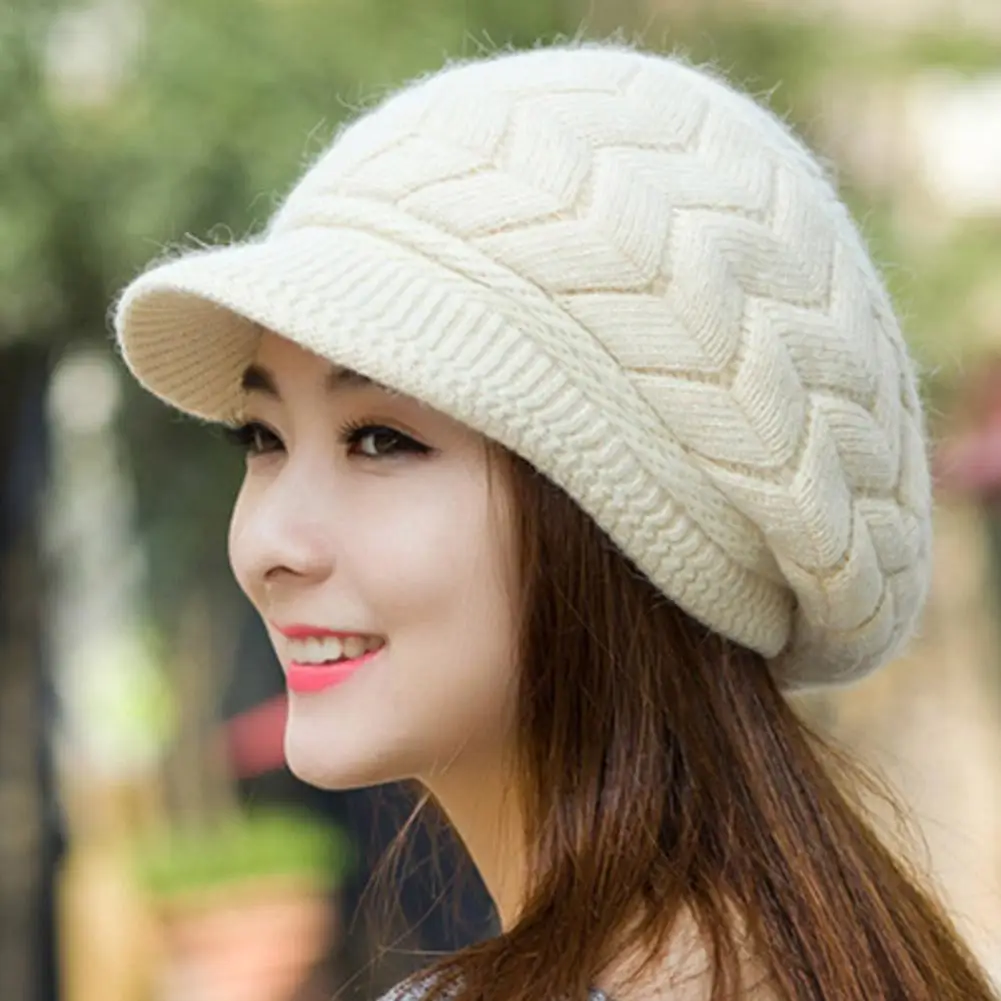 Women's Winter Solid Color Warm Knit Loose Beret Casual Ski Hat Korean Version Peaked Beret Plus Velvet Thick Knit Ear Guards