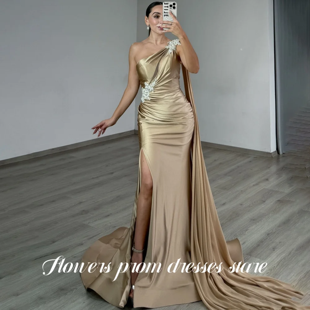 

Flowers Golden Prom Dress Trumpet Party Dress One Shoulder Split Evening Dress Formal Occasion Dress for Arabic Women Customized