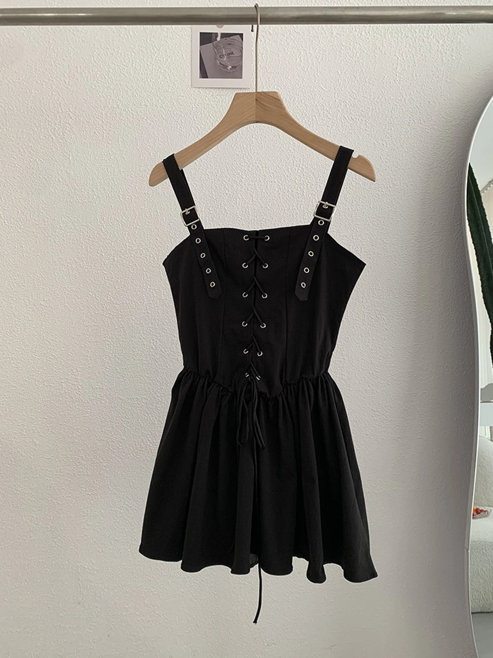 스파이시 걸 고품질 드레스 여성용 레이스업 허리 조절 슬리밍 패션 솔리드 컬러 A라인 민소매 오버올 드레스