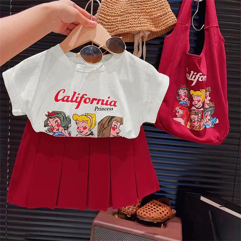 

Girl Dress Disney Princess Snow White Cartoon Print 2PCS T-Shirt JK Top and Bottom Set 2-8Y Baby Girl Mickey Summer Clothes
