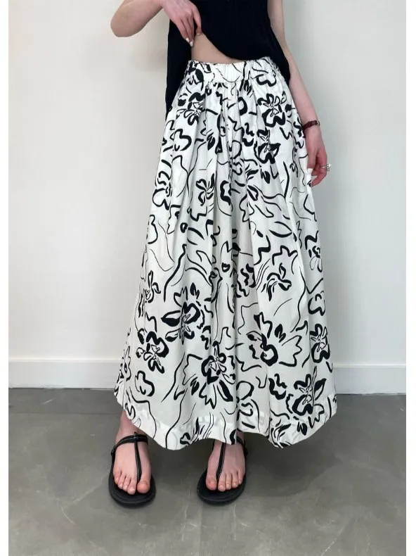 

Художественные черно-белые брюки-юбка А-силуэта с широкими штанинами, с высокой талией, удобные, хлопковые, повседневные, для женщин, лето 2025