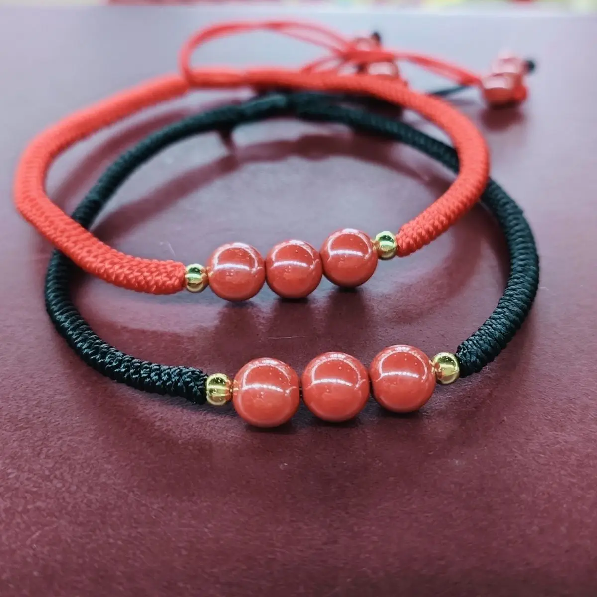 Pure Hand-Woven Four-Line Double-Layer Nine-Turn Diamond Knot With Emperor Sand Round Beads Cinnabar Hand Rope Lovers Jewelry