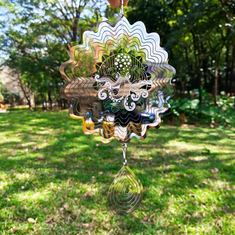 Garden 3D Rotating Wind Chimes Stainless Steel Decorative Octopus Mandala Wind Chimes