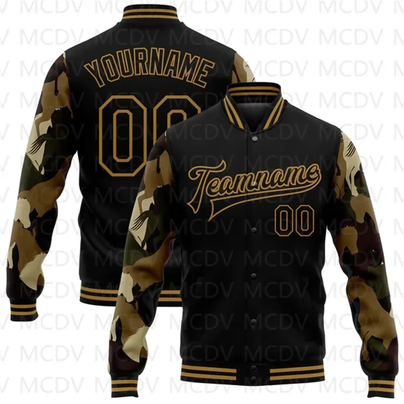 Kustom ikan emas hitam Camo lengan 3D pola desain Bomber penuh-Snap Varsity Letterman jaket