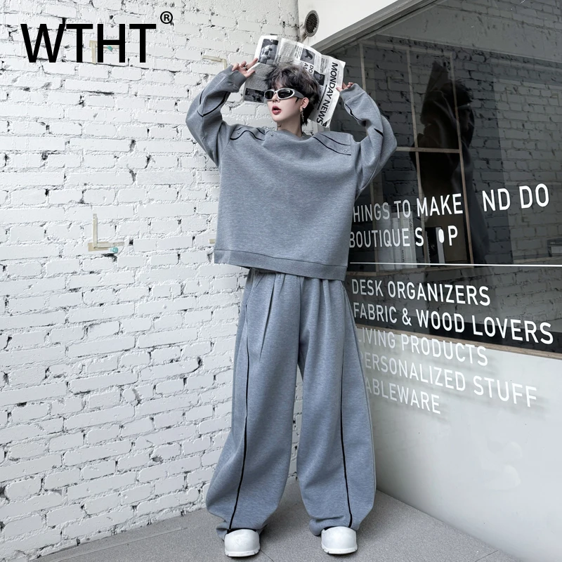 

WTHT модные осенние мужские полосатые футболки контрастного цвета со сращенными заклепками, свободные прямые брюки с высокой талией, комплект мужских 2A1715