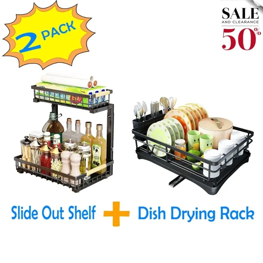 

2 in Set Dish Drying Rack and Under Sink Organizer Rack Large Dish Rack with Drainboard 2 Tier Pull Out Cabinet Shelf for Kitch