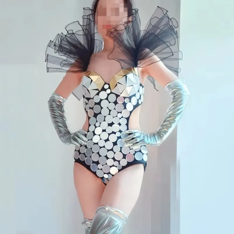 Damski seksowny srebrny kombinezon bikini z efektem lustra, kostium sceniczny do tańca dla piosenkarki, tancerki, na imprezę w barze, klubie nocnym, na pokaz.