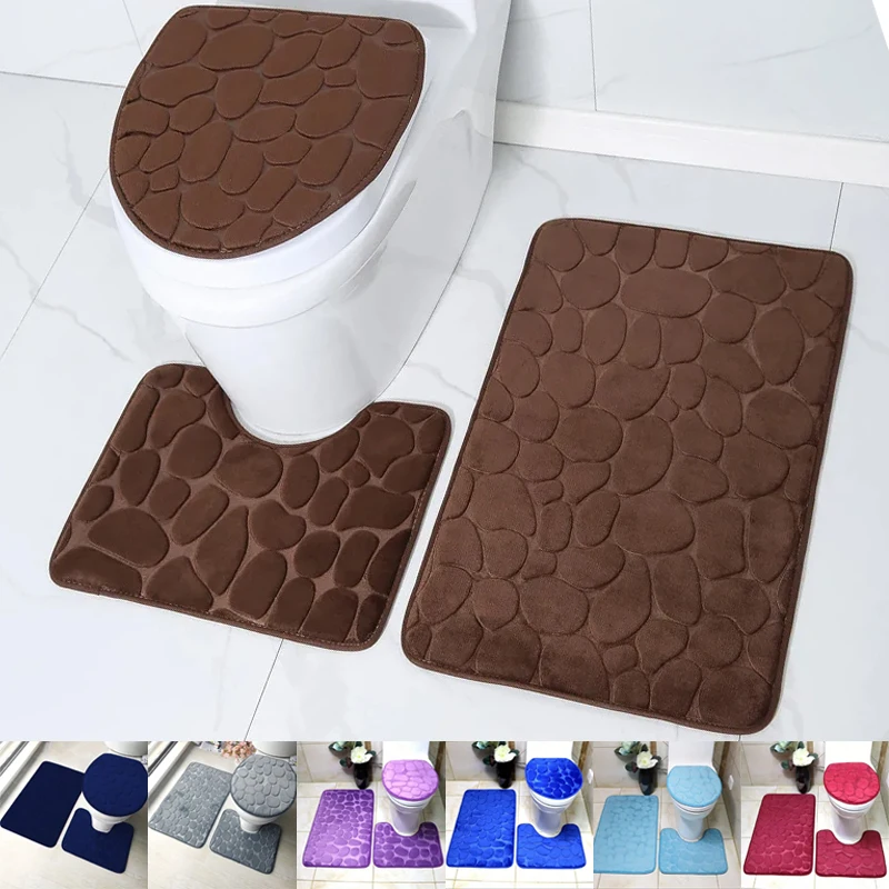 

3PCS/set Bathroom Bath Mat Set Soft Non Slip 2PCS Cobblestone Mat Bathroom Rug Absorbent Shower Carpets Toilet Lid Cover Floor