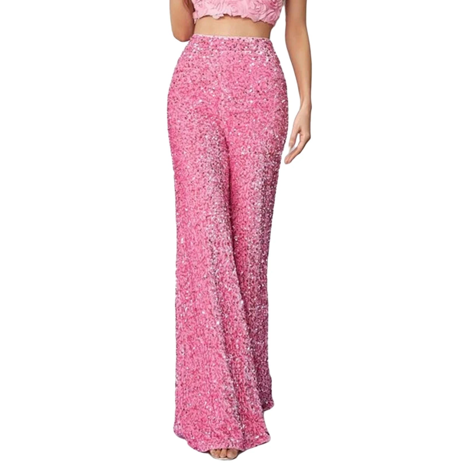 Thorn Tree Women Velvet Sequined Flare Pants High Waist Wide Leg Sparkle Pants Party Club Shiny Bell Bottom Trousers Streetwear