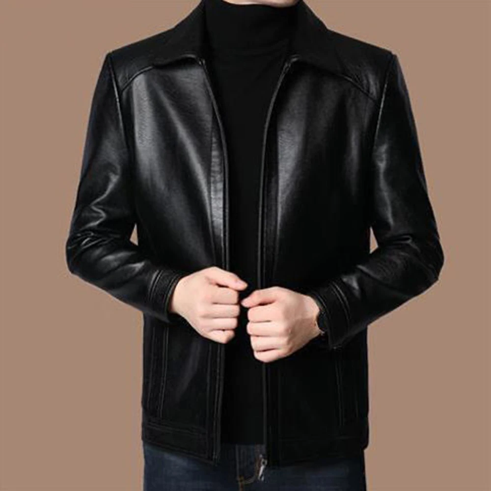 

Polyester Fabric Mens Leather Jacket Thick Fleece Lining Warm Leather Trim For Vacation Casual Warm Leather Jacket