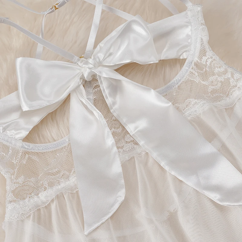 Необычное сетчатое платье на бретелях с бантом и открытой спиной, мини-платье, женское прозрачное спальное платье, нижнее белье с разрезом, ночная рубашка, новая одежда