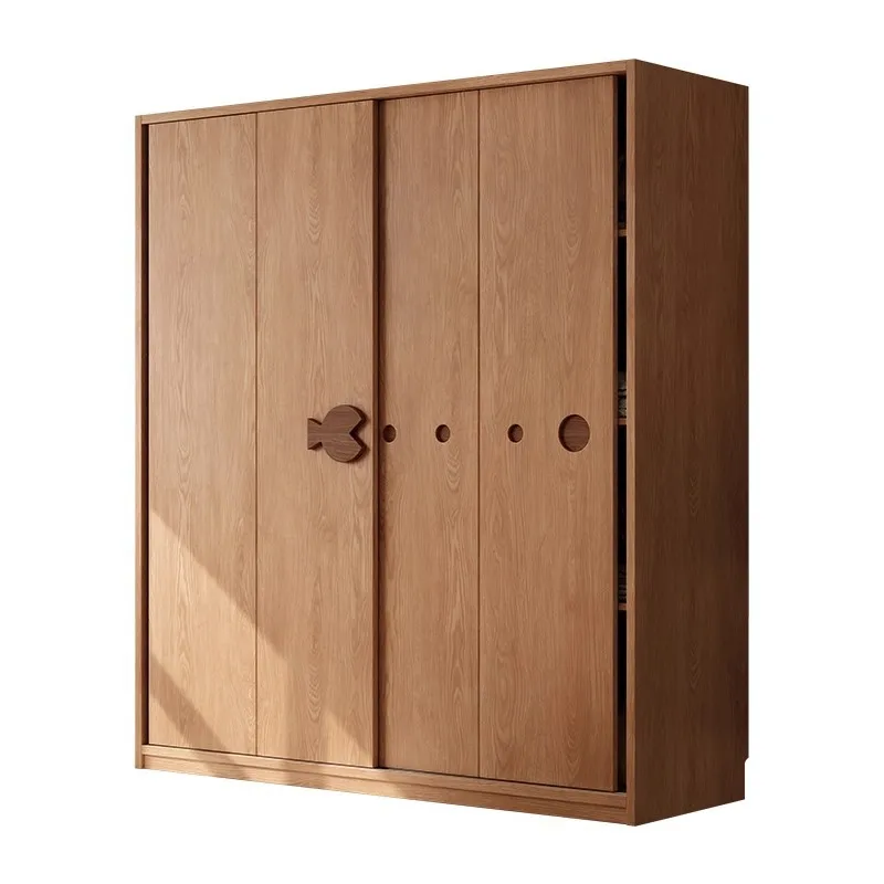 Solid Wood Wardrobe Nordic Small Apartment Bedroom Oak Sliding Door Storage Cabinet Home Sliding Door Wardrobe Storage Cabinet