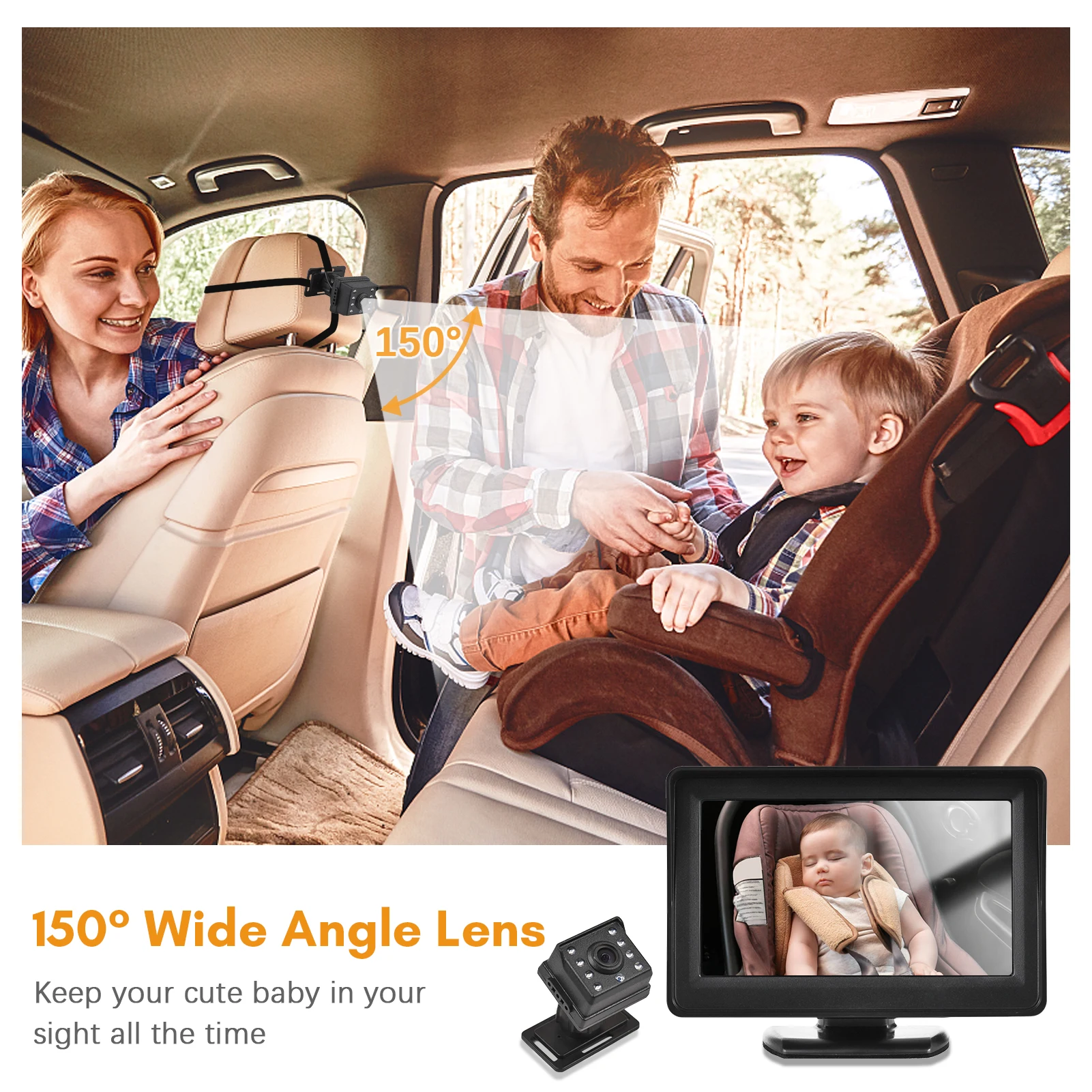 1080P Baby Car Monitor Camera for Baby Rear Facing Seat 4.3 Inch Car Seat Mirror Display 150° Wide View Night Vision Car Camera