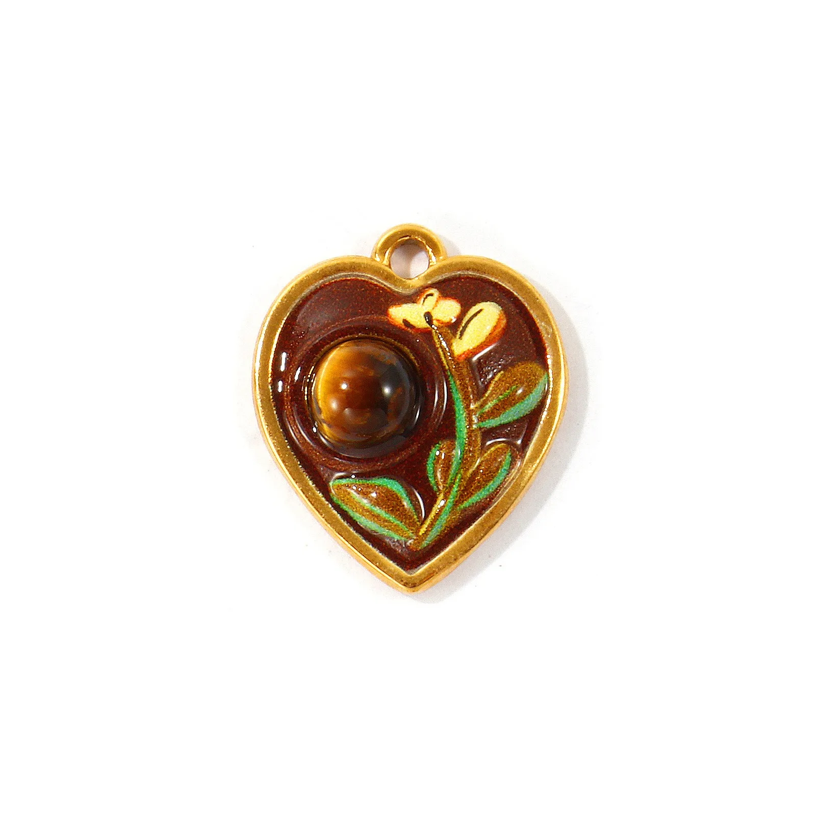 2 Stück Emaille-Blumenanhänger, Herz mit Stein, 304 Edelstahl, 18K vergoldete Anhänger für DIY-Halskettenherstellung, Großhandel – Detail 2