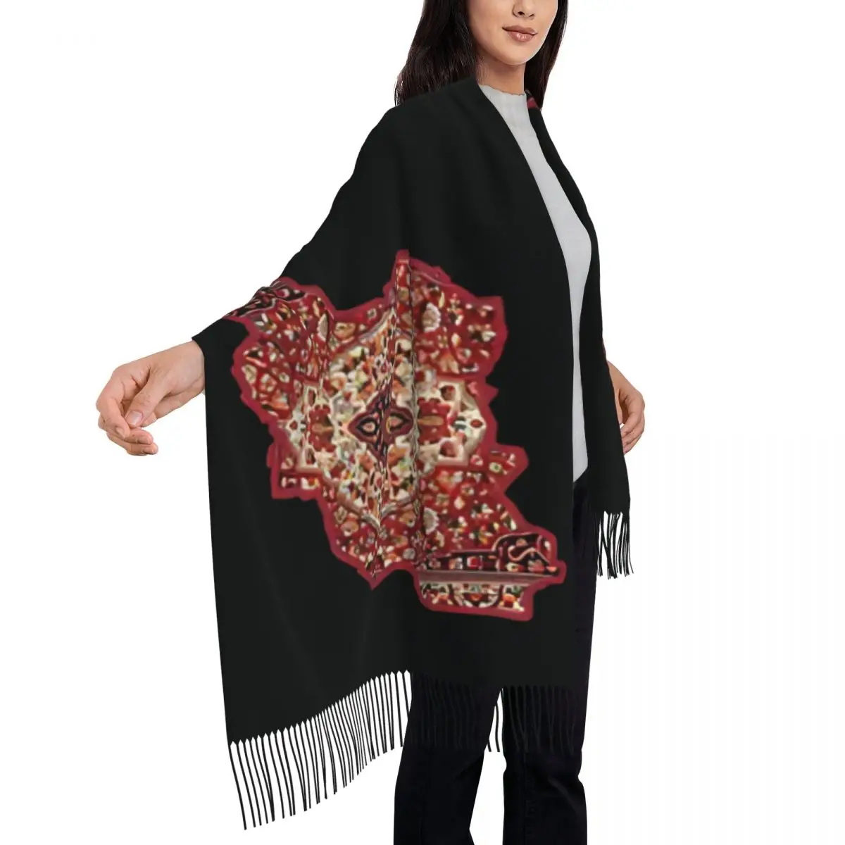 

Iran Persian Rug Scarf Outdoor Shawls and Wrap with Long Tassel Women Retro Head Scarves Autumn Graphic Bufanda