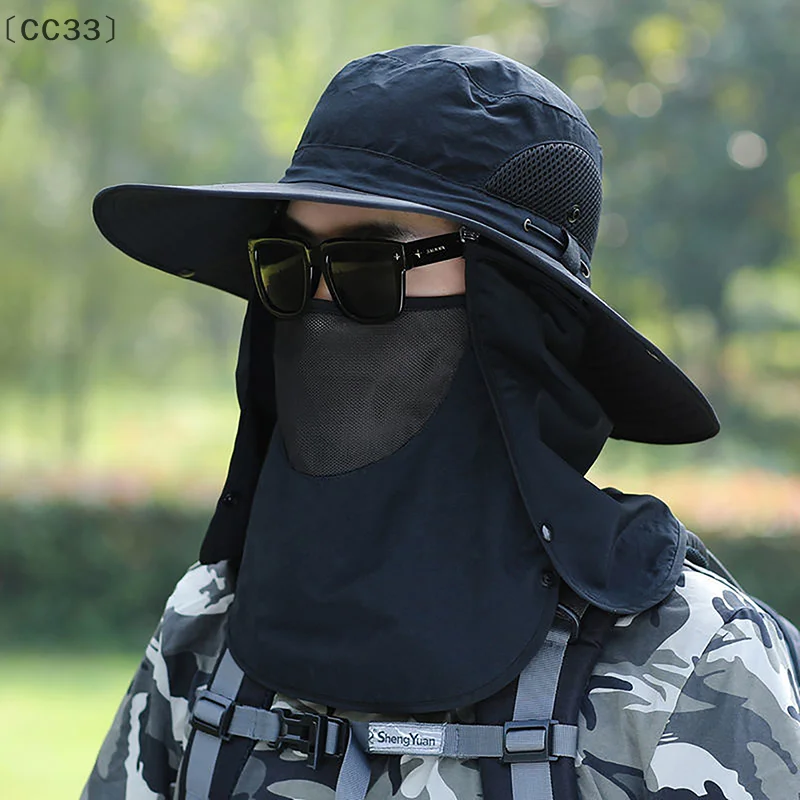 [[CC33] قبعة صيد ذات حافة اتجاهية متعددة الوجه ودرع للرقبة بحافة كبيرة في الهواء الطلق للشباب لتسلق الجبال ومقاومة للأشعة فوق البنفسجية