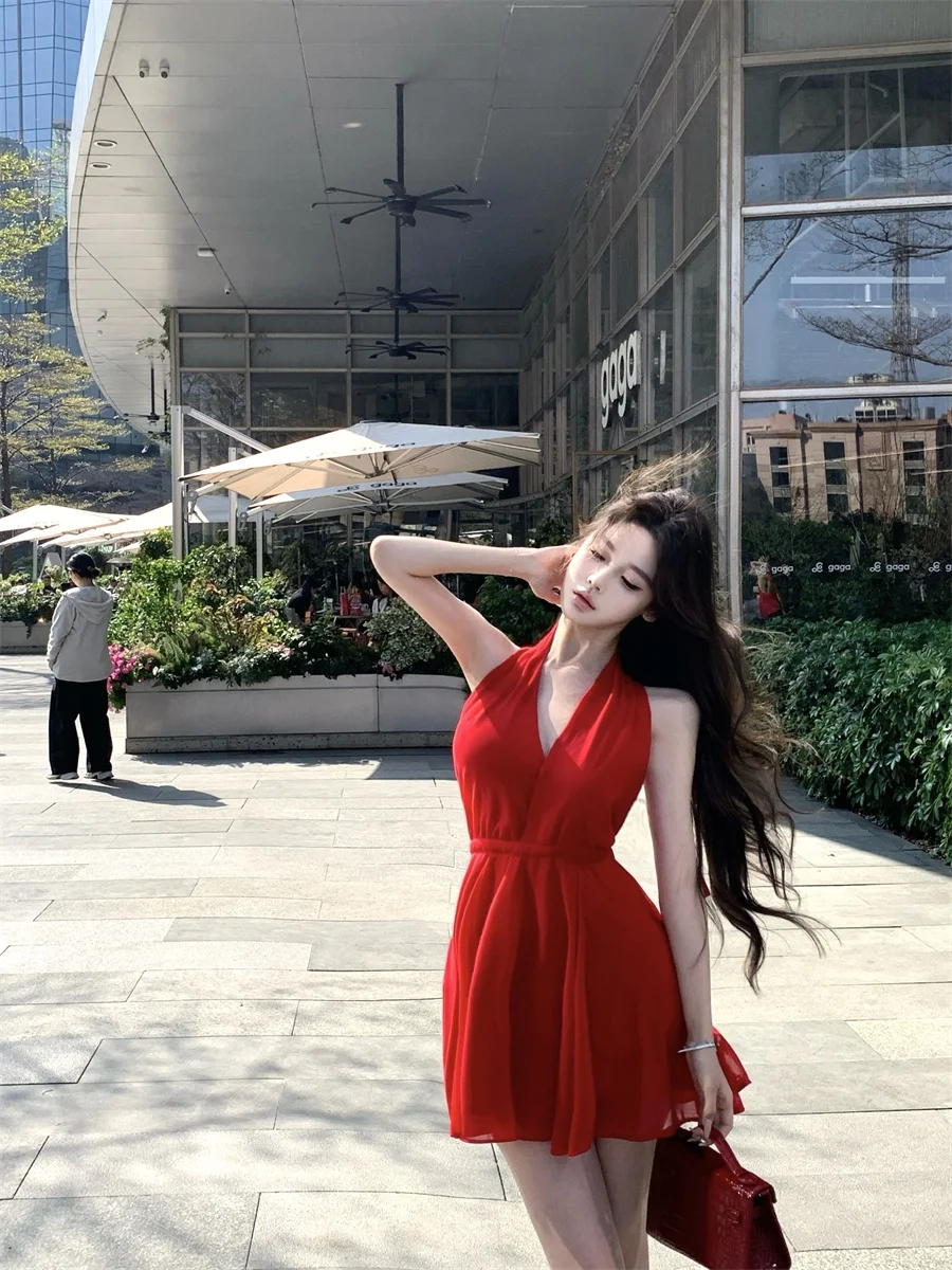 Red Sexy Bal Hanging Ne Dr Women's Summer Elegance Pure Desire ort Skirt Korean Sle  Knot Waist Cinch