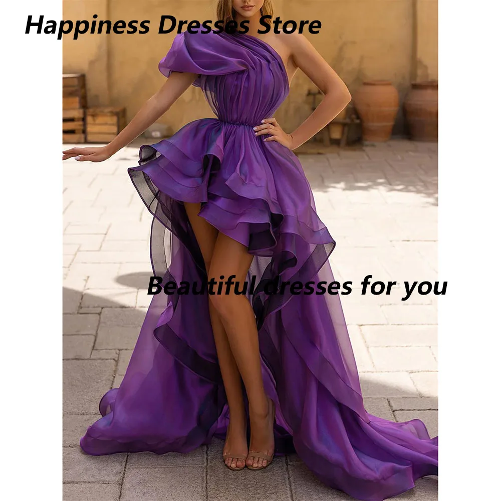 Customized One-Shoulder Tulle Evening Dresses Floor Length Tiered  Hi-Lo Dresses Contoured Court Sleeveless Formal Evening Gown