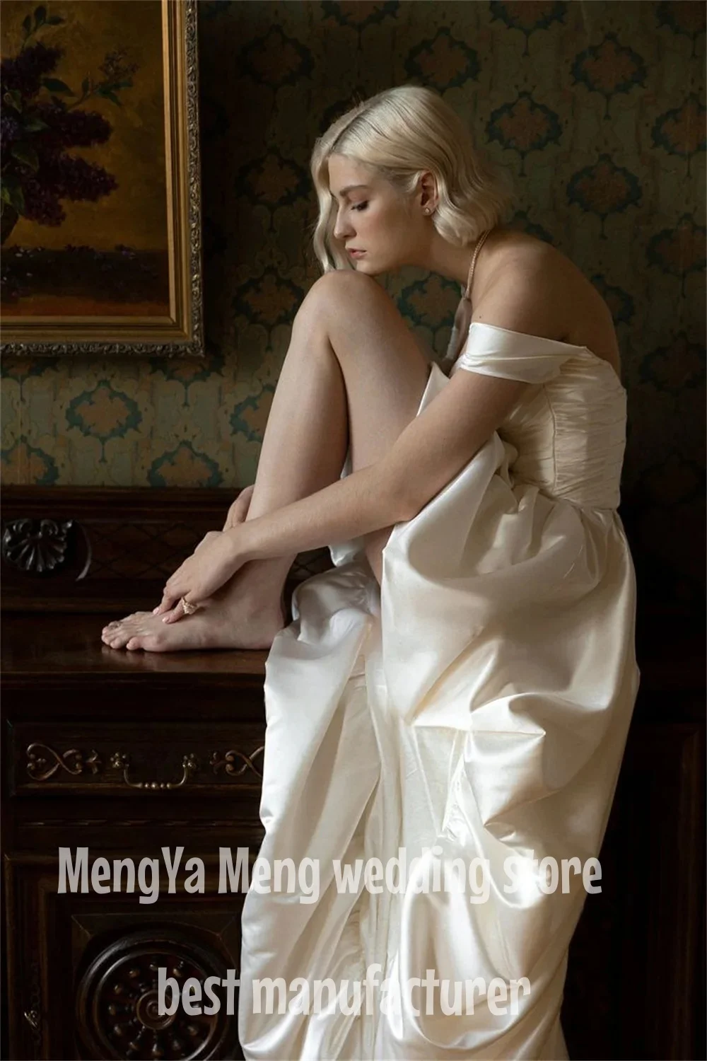 Vintage High/Low Satin Wedding Dresses Simple Off the Shoulder Sleeveless Beach Strapless Bridal Gown Sexy Backless Customized