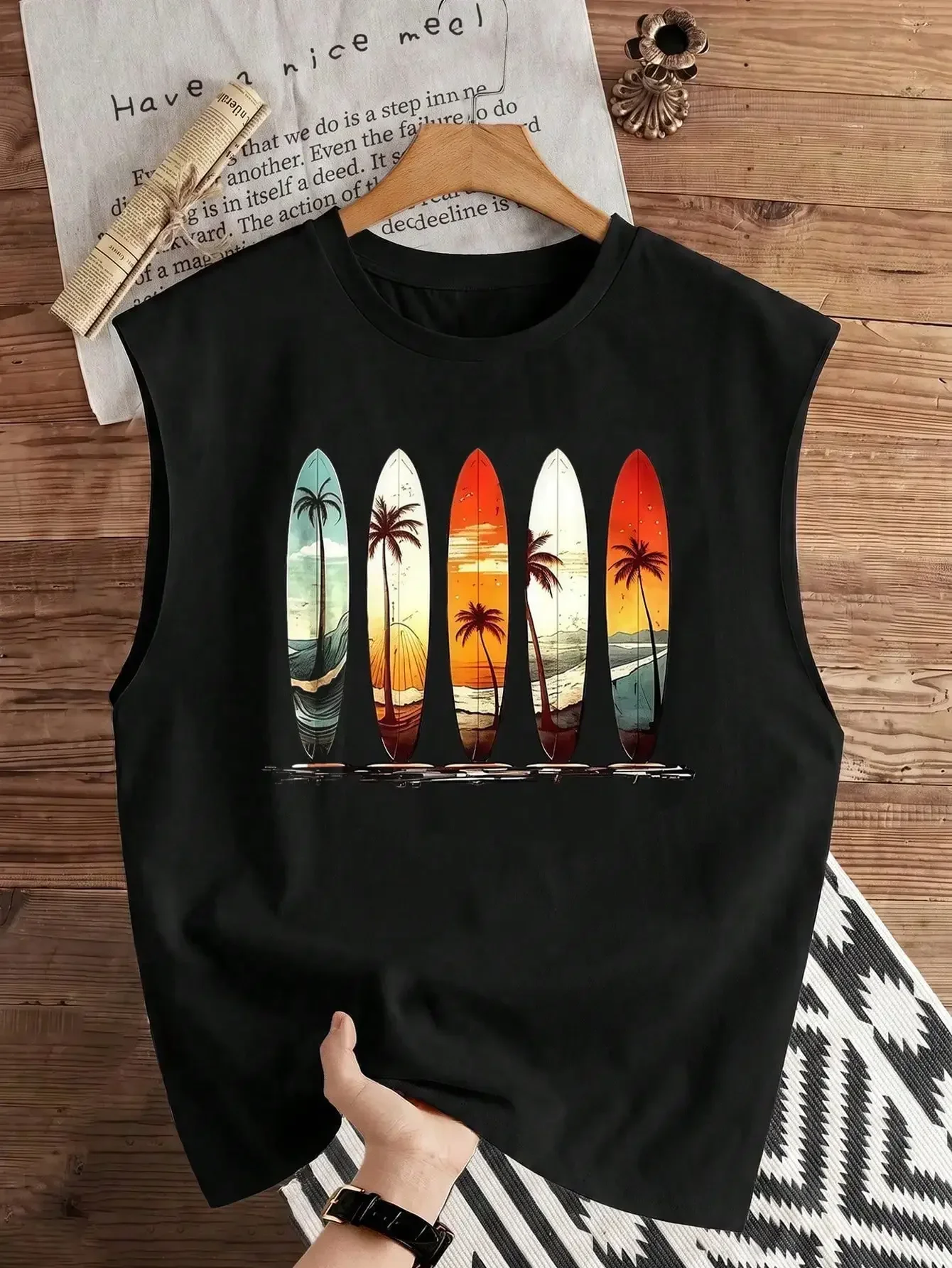 

1pc Men's Casual Sleeveless Printed T-Shirt, Suitable For Casual Summer Wear, Perfect For Dates, Beach Trips, Western